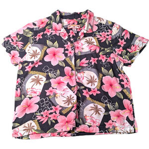 Women's Caribbean Joe Pink Tropical Floral Short Sleeve Button-Up Size L